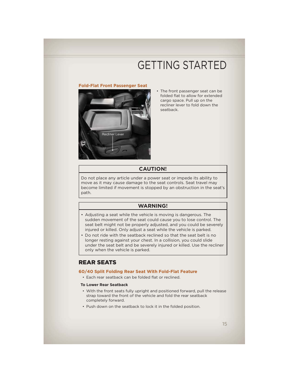 Fold-flat front passenger seat, Rear seats, Getting started | Jeep 2012 Liberty - User Guide User Manual | Page 17 / 124