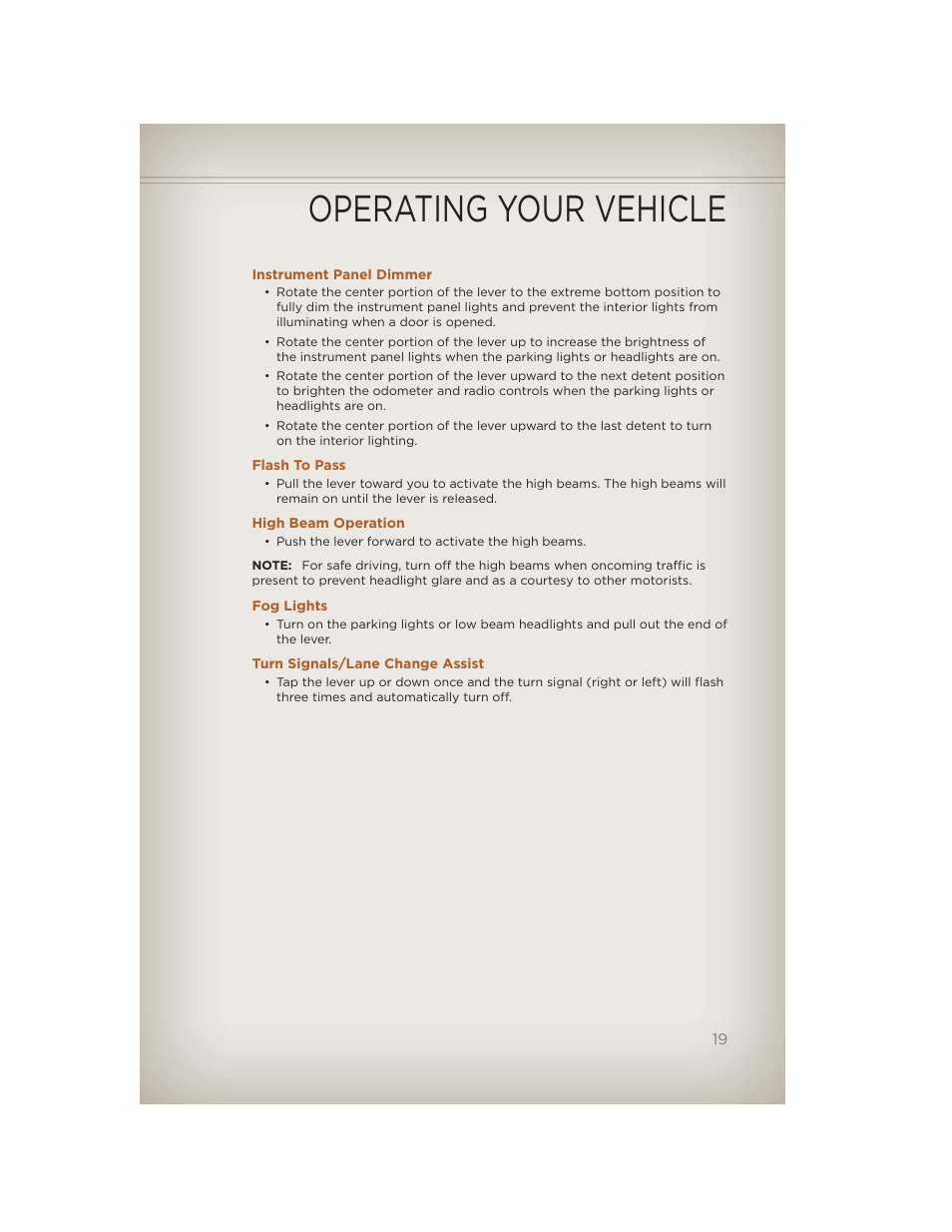 Instrument panel dimmer, Flash to pass, High beam operation | Fog lights, Turn signals/lane change assist, Operating your vehicle | Jeep 2012 Liberty - User Guide User Manual | Page 21 / 124