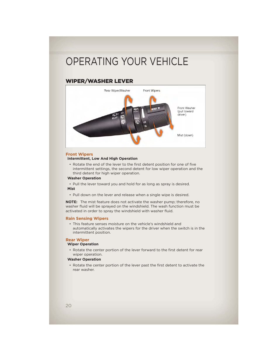 Wiper/washer lever, Front wipers, Rain sensing wipers | Rear wiper, Operating your vehicle | Jeep 2012 Liberty - User Guide User Manual | Page 22 / 124