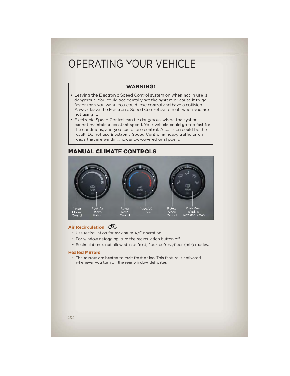 Manual climate controls, Air recirculation, Heated mirrors | Operating your vehicle | Jeep 2012 Liberty - User Guide User Manual | Page 24 / 124