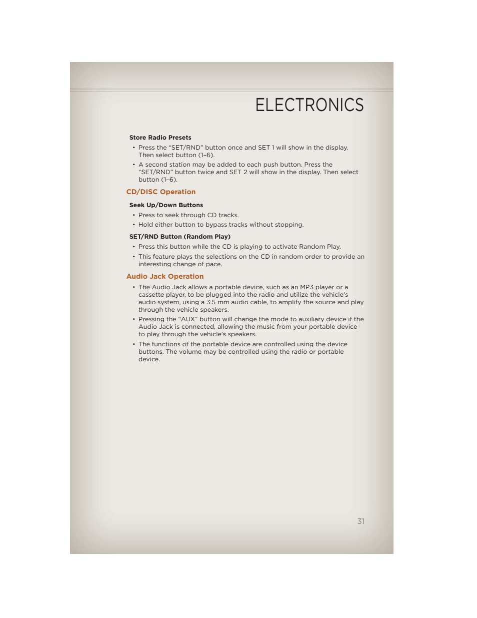 Cd/disc operation, Audio jack operation, Electronics | Jeep 2012 Liberty - User Guide User Manual | Page 33 / 124