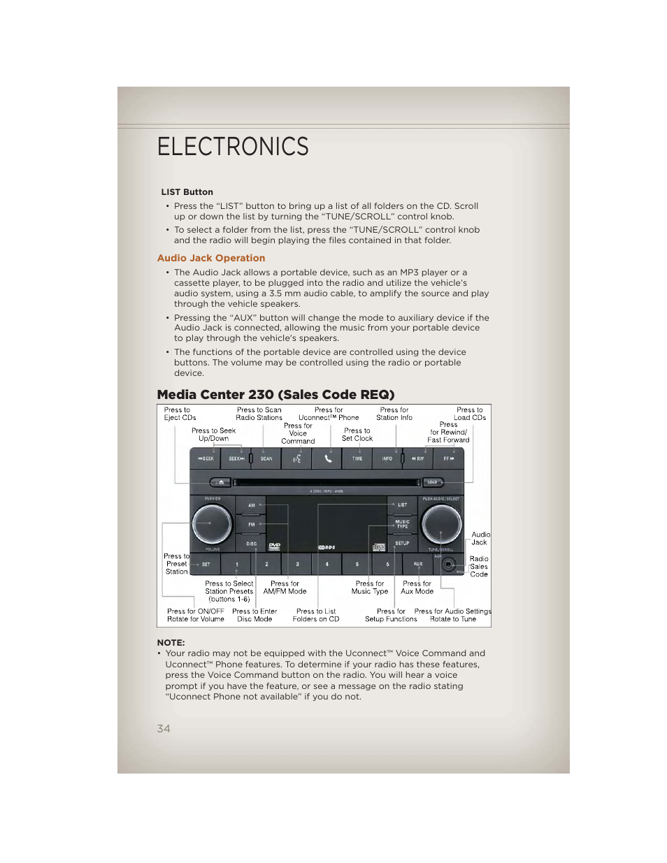 Audio jack operation, Media center 230 (sales code req), Electronics | Jeep 2012 Liberty - User Guide User Manual | Page 36 / 124