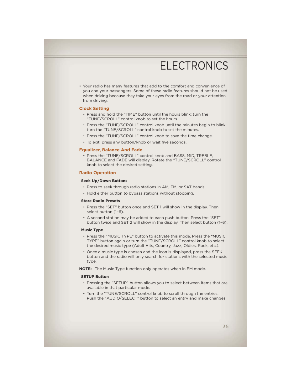 Clock setting, Equalizer, balance and fade, Radio operation | Electronics | Jeep 2012 Liberty - User Guide User Manual | Page 37 / 124