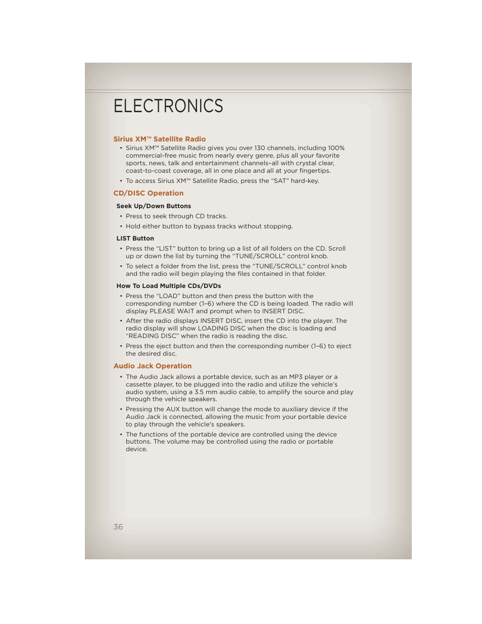Sirius xm™ satellite radio, Cd/disc operation, Audio jack operation | Electronics | Jeep 2012 Liberty - User Guide User Manual | Page 38 / 124