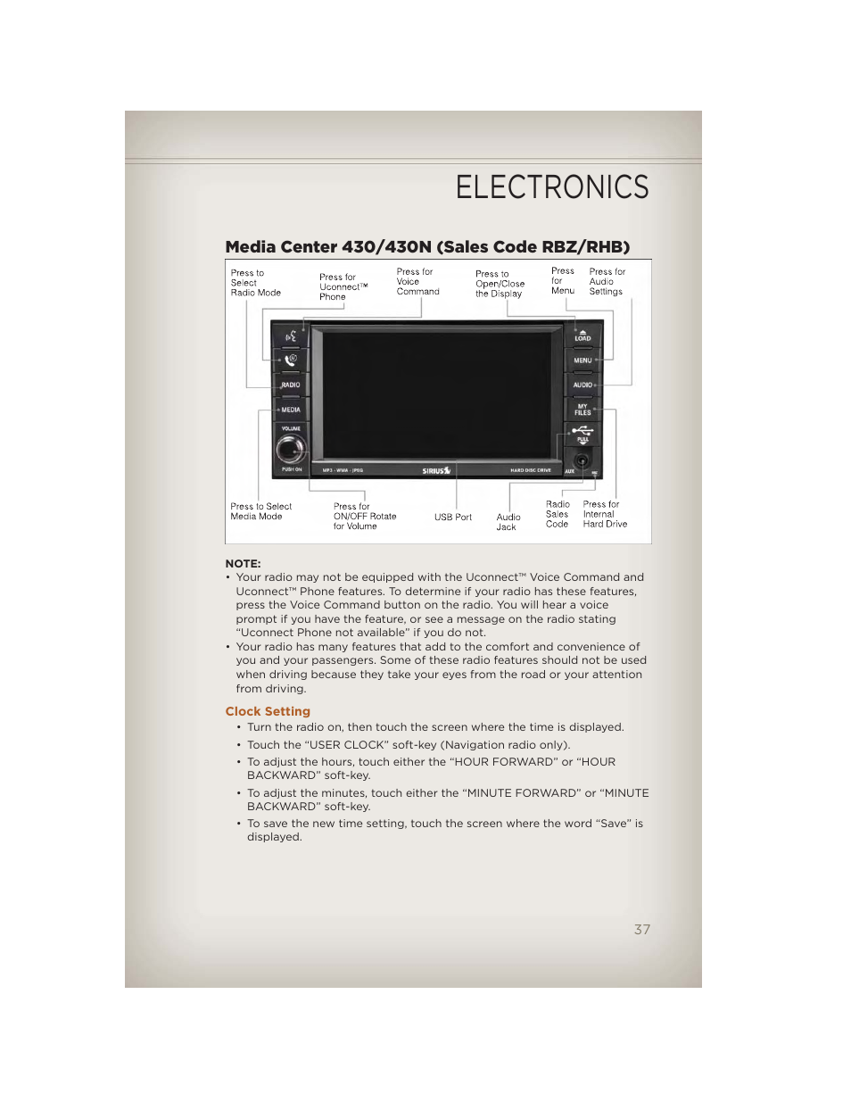 Media center 430/430n (sales code rbz/rhb), Clock setting, Electronics | Jeep 2012 Liberty - User Guide User Manual | Page 39 / 124