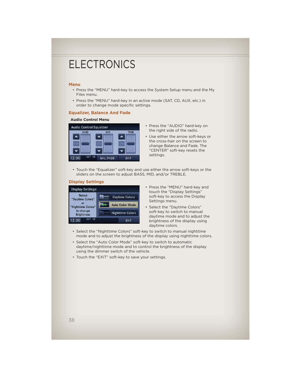 Menu, Equalizer, balance and fade, Display settings | Electronics | Jeep 2012 Liberty - User Guide User Manual | Page 40 / 124