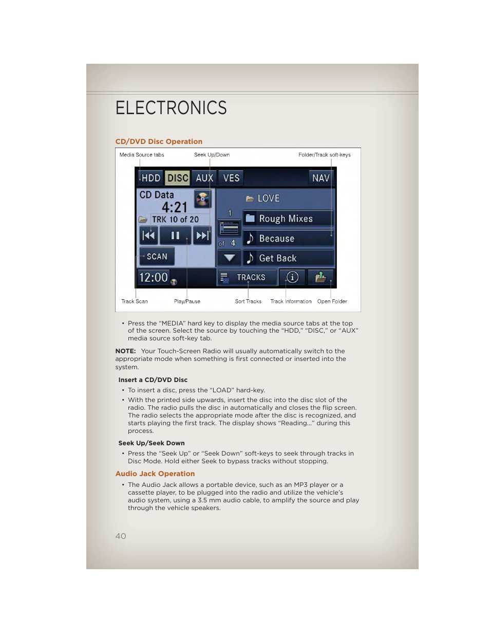 Cd/dvd disc operation, Audio jack operation, Electronics | Jeep 2012 Liberty - User Guide User Manual | Page 42 / 124