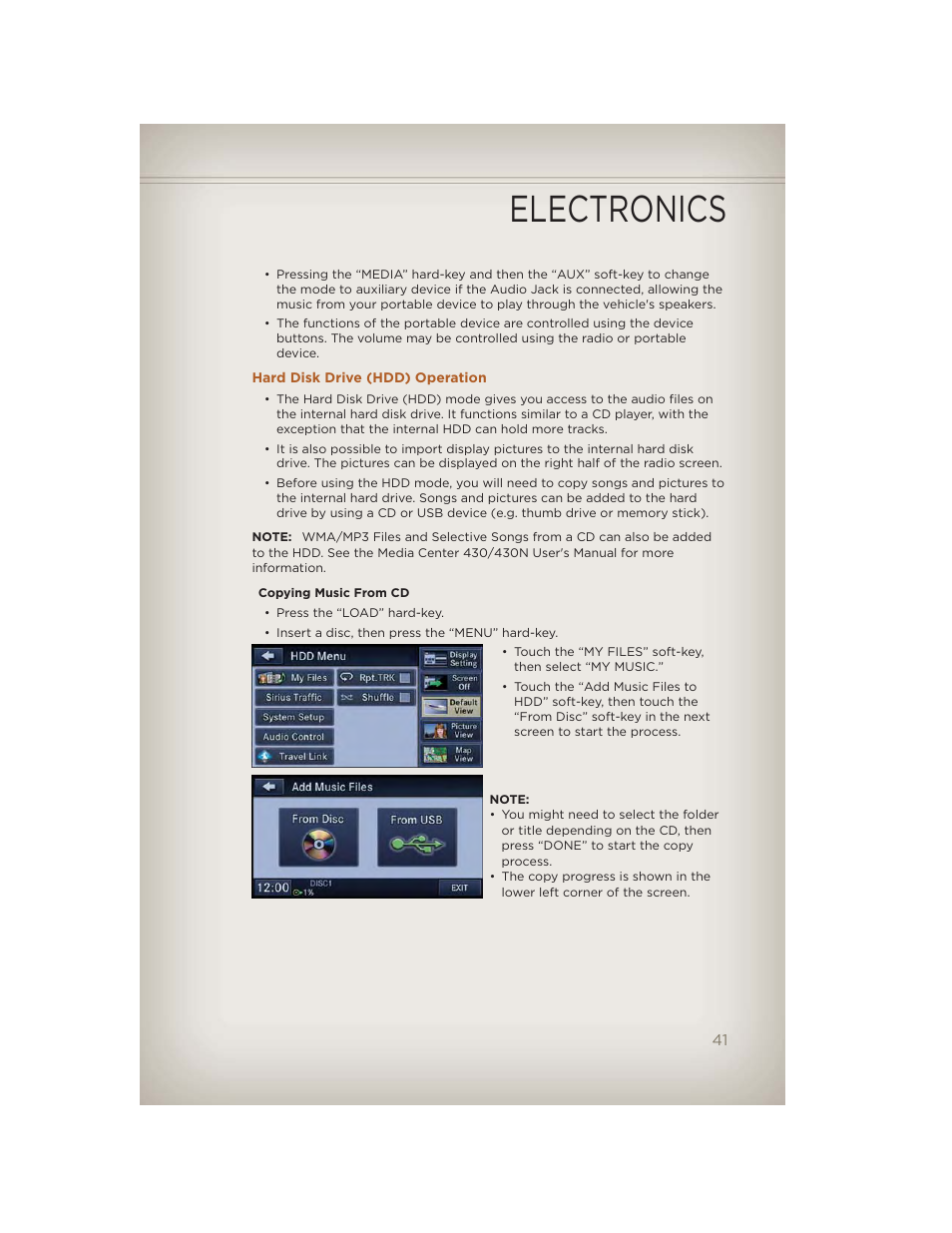 Hard disk drive (hdd) operation, Electronics | Jeep 2012 Liberty - User Guide User Manual | Page 43 / 124