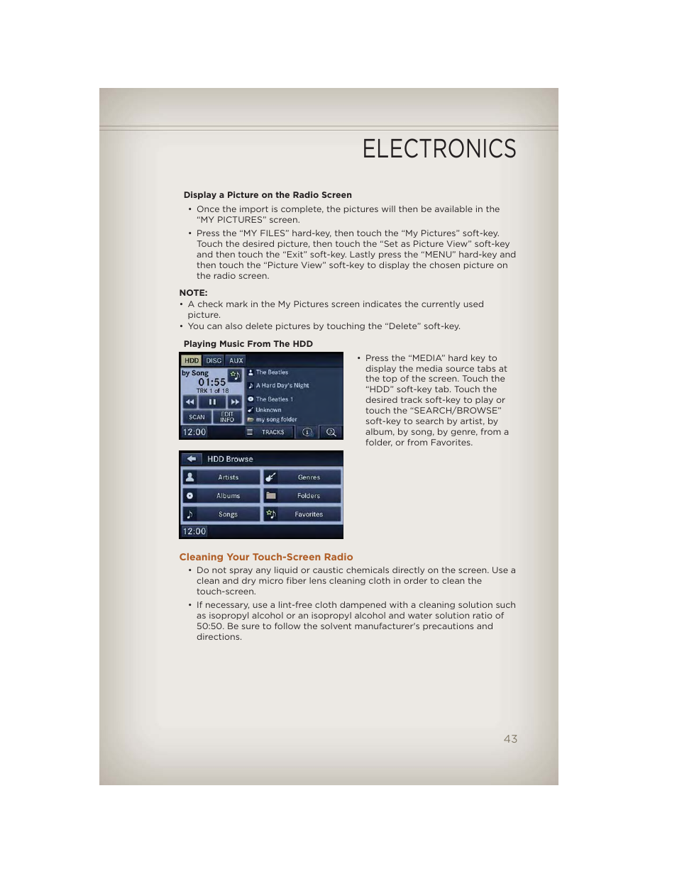 Cleaning your touch-screen radio, Electronics | Jeep 2012 Liberty - User Guide User Manual | Page 45 / 124