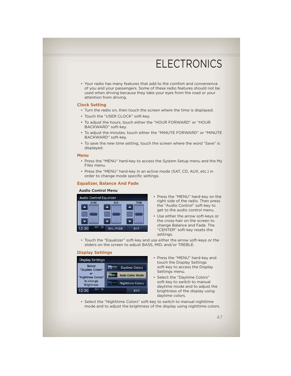 Clock setting, Menu, Equalizer, balance and fade | Display settings, Electronics | Jeep 2012 Liberty - User Guide User Manual | Page 49 / 124