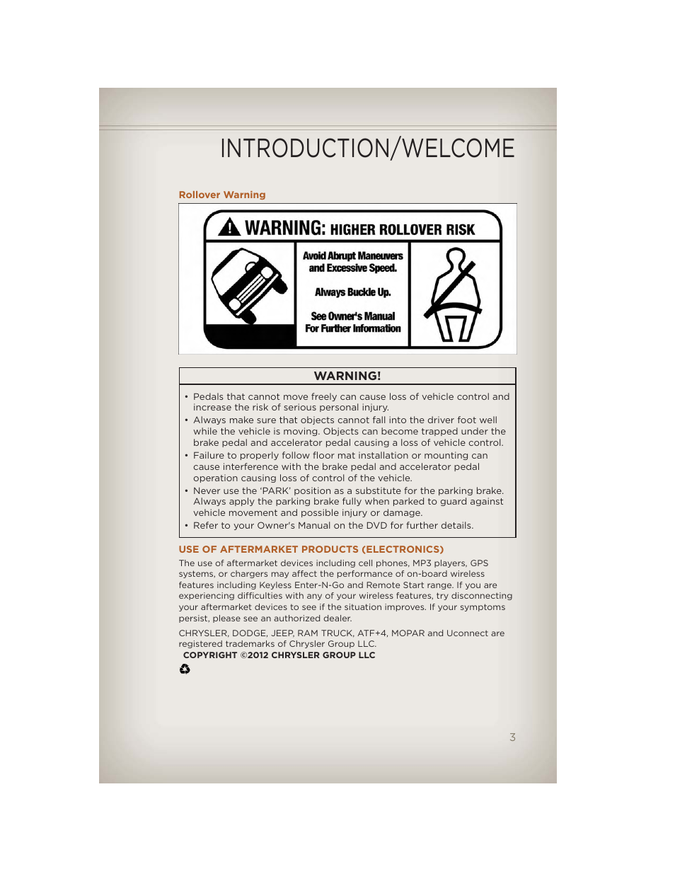 Rollover warning, Use of aftermarket products (electronics), Introduction/welcome | Jeep 2012 Liberty - User Guide User Manual | Page 5 / 124