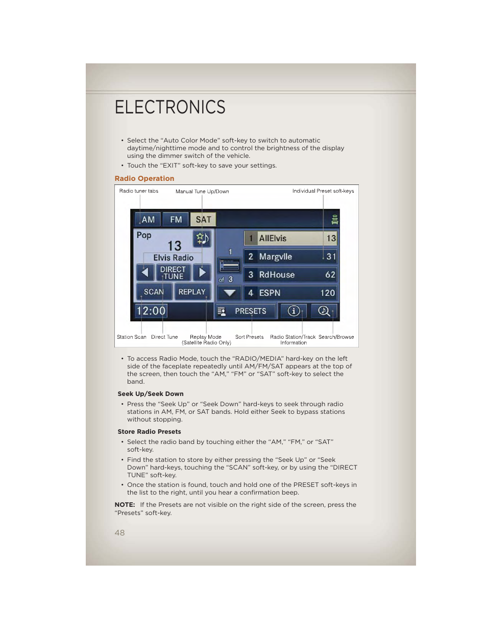 Radio operation, Electronics | Jeep 2012 Liberty - User Guide User Manual | Page 50 / 124