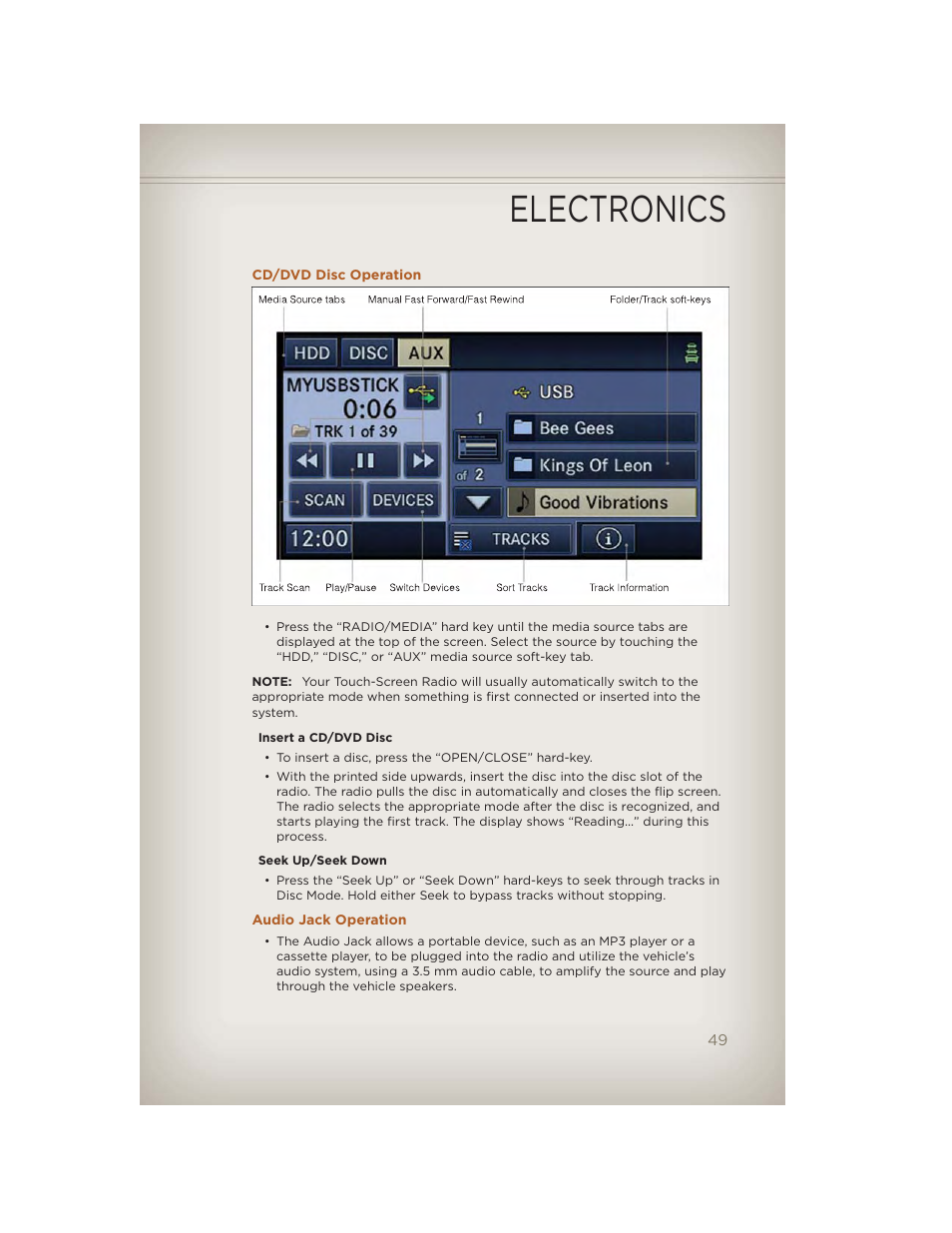 Cd/dvd disc operation, Audio jack operation, Electronics | Jeep 2012 Liberty - User Guide User Manual | Page 51 / 124