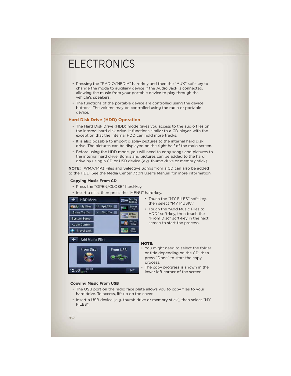 Hard disk drive (hdd) operation, Electronics | Jeep 2012 Liberty - User Guide User Manual | Page 52 / 124