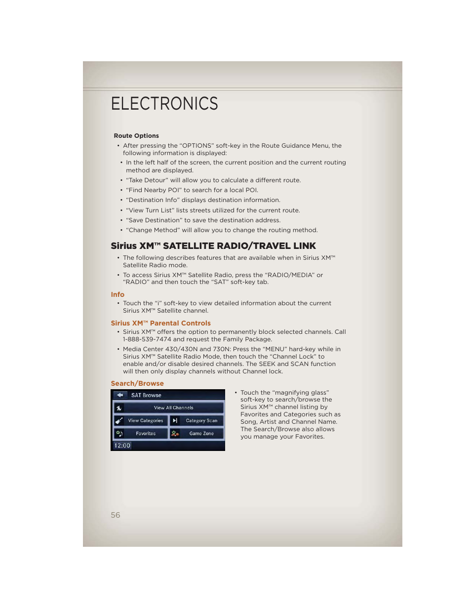 Sirius xm™ satellite radio/travel link, Info, Sirius xm™ parental controls | Search/browse, Electronics | Jeep 2012 Liberty - User Guide User Manual | Page 58 / 124