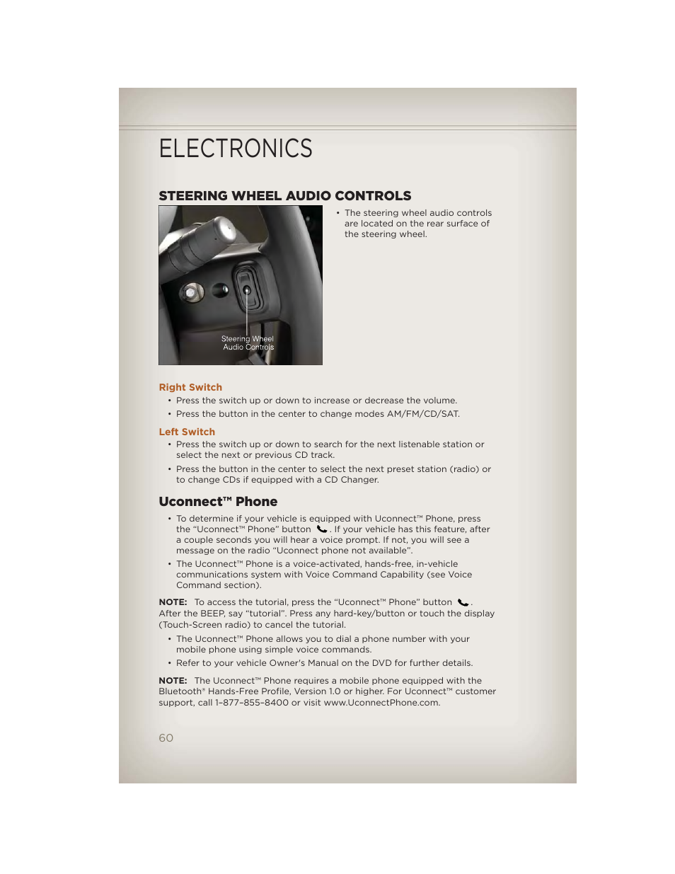 Steering wheel audio controls, Right switch, Left switch | Uconnect™ phone, Electronics | Jeep 2012 Liberty - User Guide User Manual | Page 62 / 124