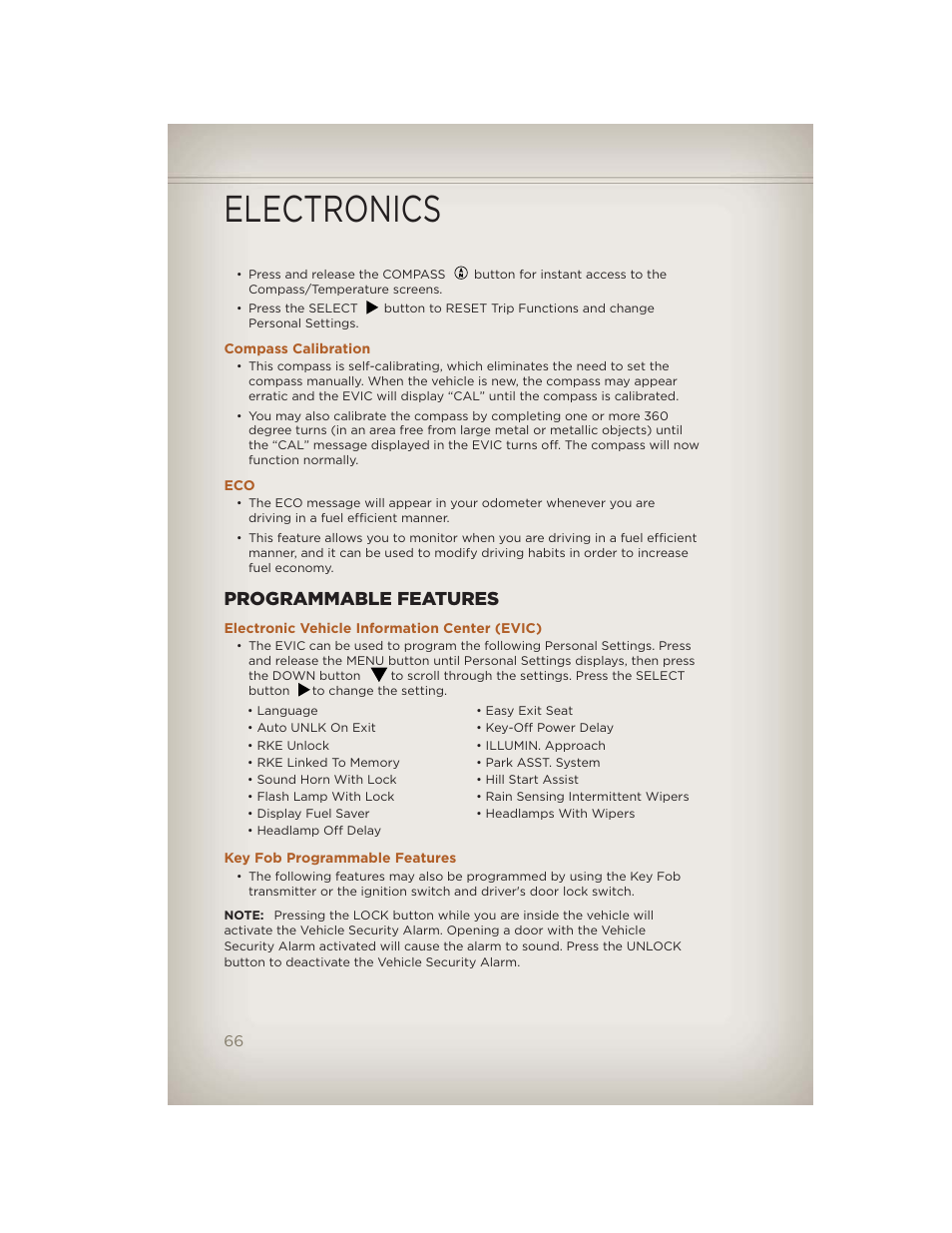 Compass calibration, Programmable features, Electronic vehicle information center (evic) | Key fob programmable features, Electronics | Jeep 2012 Liberty - User Guide User Manual | Page 68 / 124