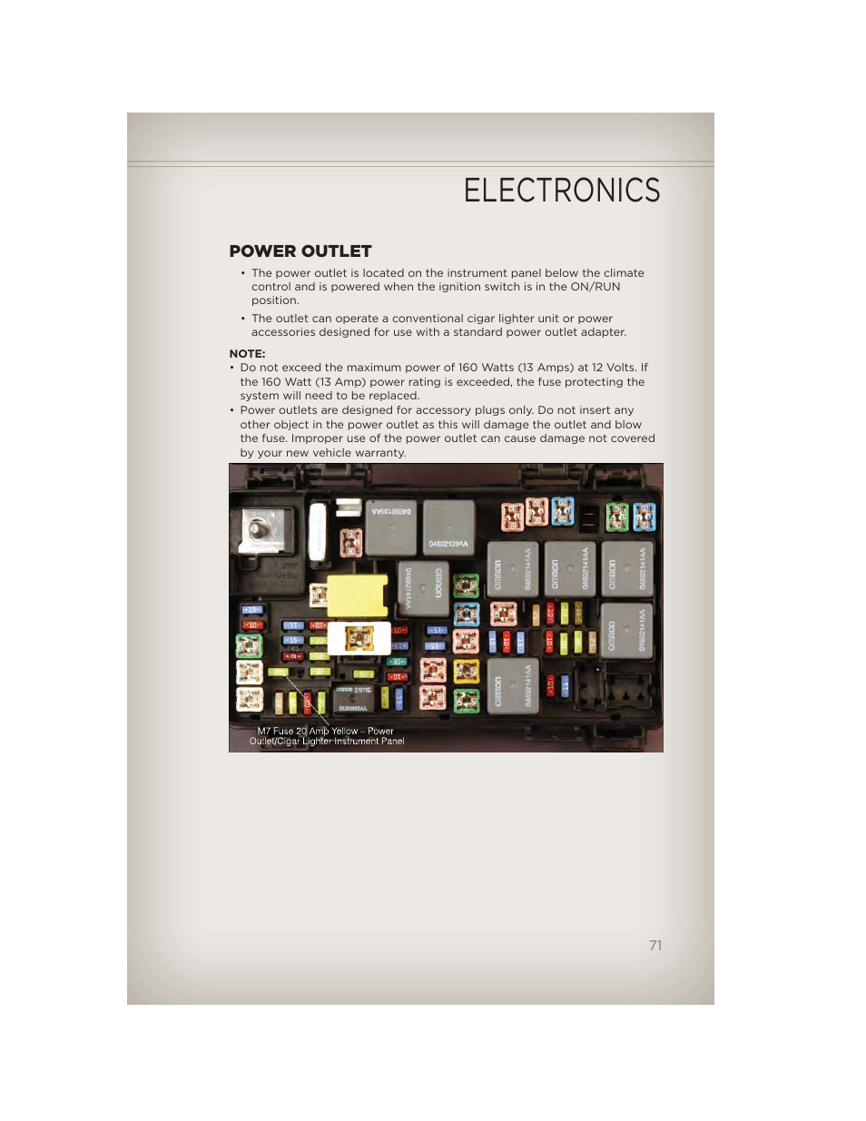 Power outlet, Electronics | Jeep 2012 Liberty - User Guide User Manual | Page 73 / 124