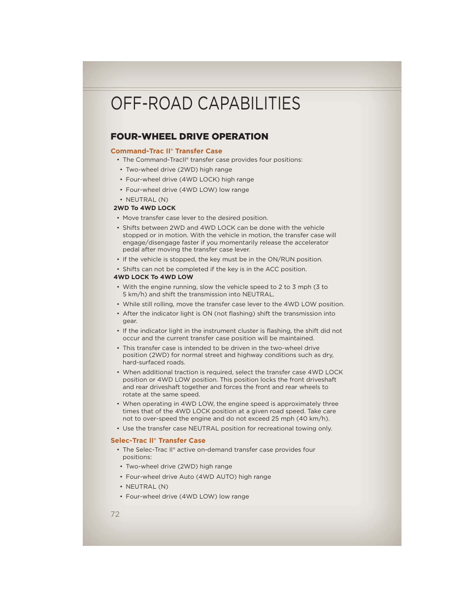 Off-road capabilities, Four-wheel drive operation, Command-trac ii® transfer case | Selec-trac ii® transfer case | Jeep 2012 Liberty - User Guide User Manual | Page 74 / 124