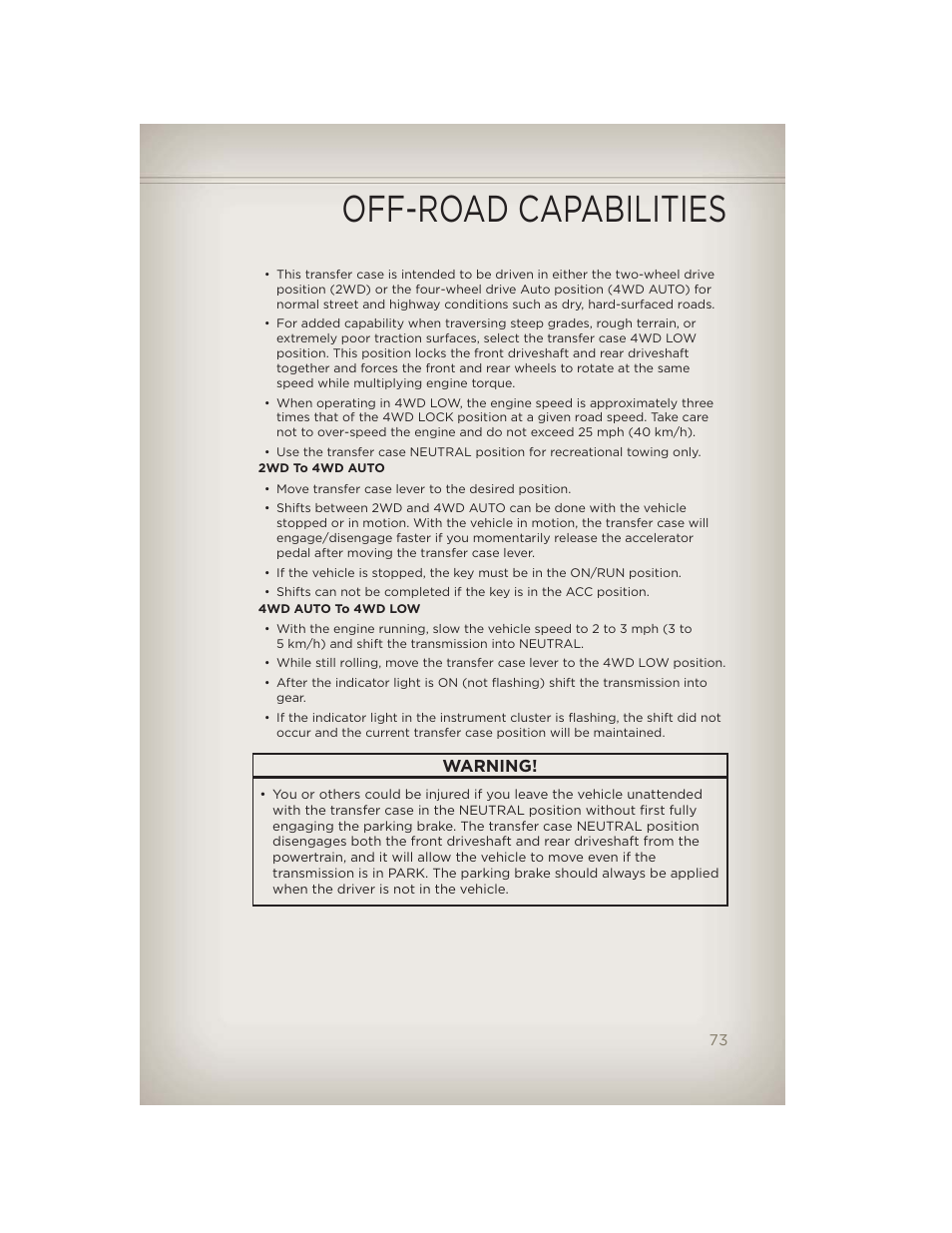 Off-road capabilities, Warning | Jeep 2012 Liberty - User Guide User Manual | Page 75 / 124