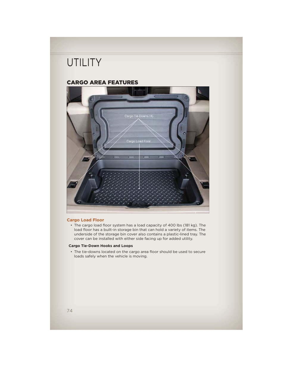 Utility, Cargo area features, Cargo load floor | Jeep 2012 Liberty - User Guide User Manual | Page 76 / 124