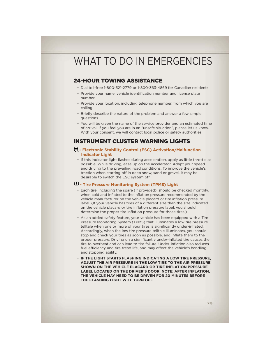 What to do in emergencies, Hour towing assistance, Instrument cluster warning lights | Tire pressure monitoring system (tpms) light | Jeep 2012 Liberty - User Guide User Manual | Page 81 / 124