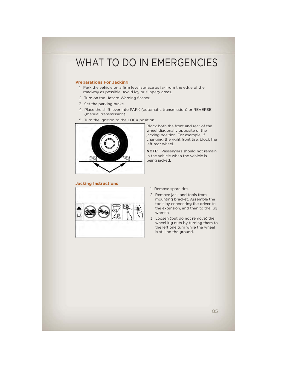 Preparations for jacking, Jacking instructions, What to do in emergencies | Jeep 2012 Liberty - User Guide User Manual | Page 87 / 124