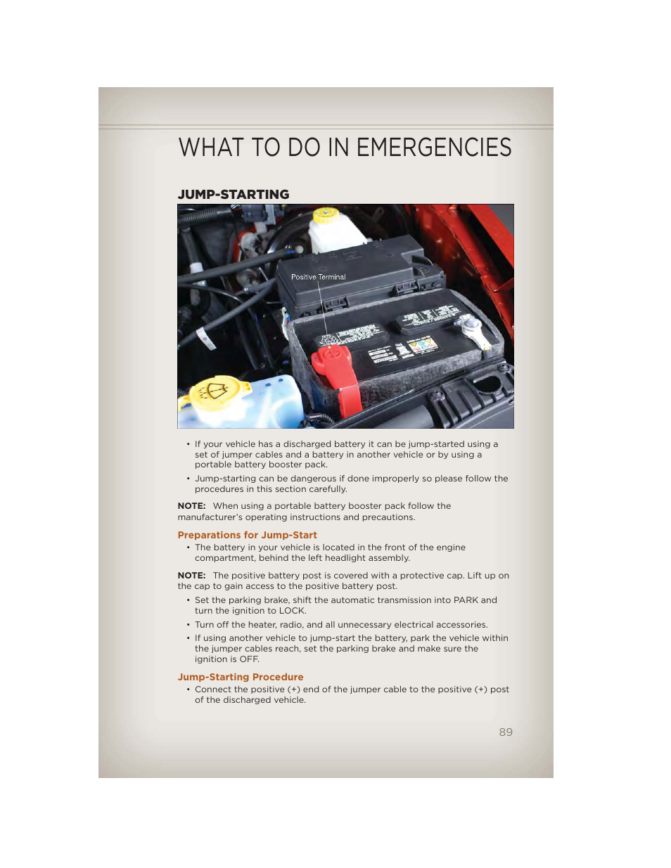 Jump-starting, Preparations for jump-start, Jump-starting procedure | What to do in emergencies | Jeep 2012 Liberty - User Guide User Manual | Page 91 / 124