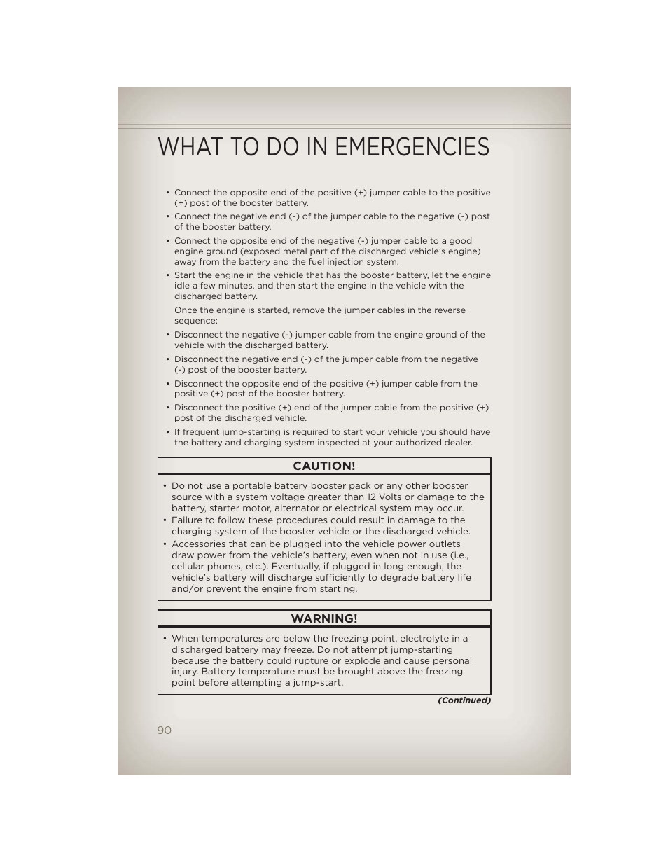 What to do in emergencies, Caution, Warning | Jeep 2012 Liberty - User Guide User Manual | Page 92 / 124