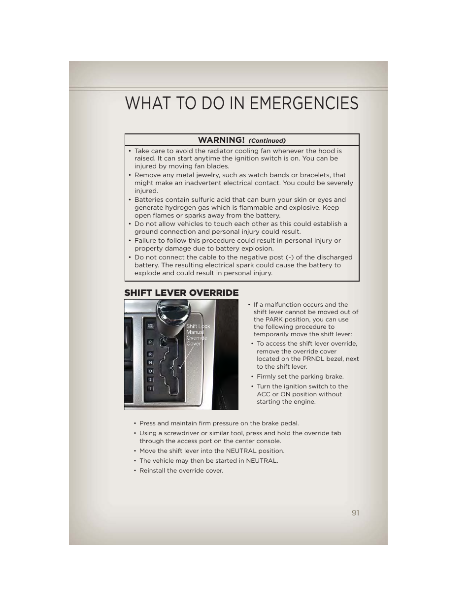 Shift lever override, Towing a disabled vehicle, What to do in emergencies | Jeep 2012 Liberty - User Guide User Manual | Page 93 / 124