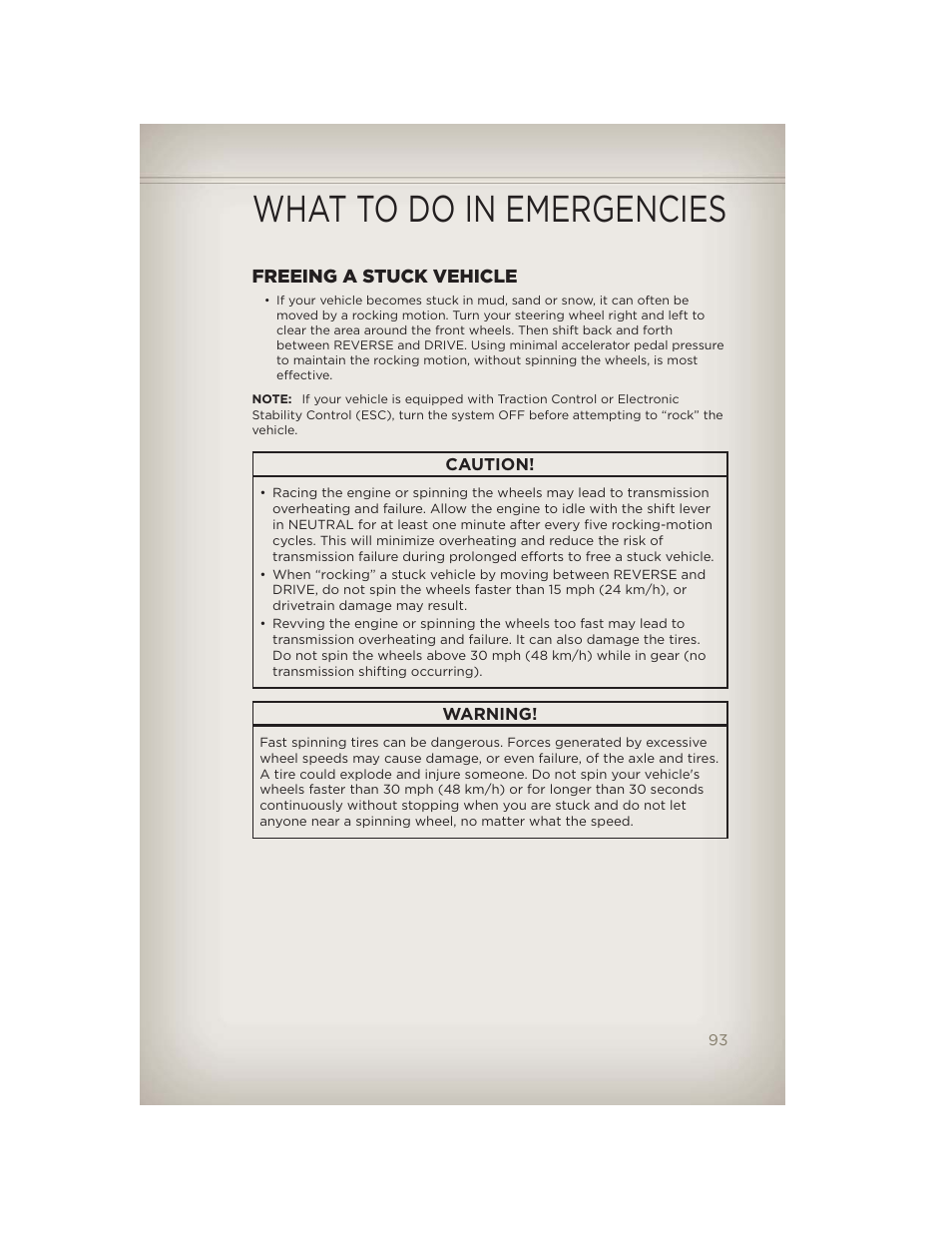 Freeing a stuck vehicle, What to do in emergencies | Jeep 2012 Liberty - User Guide User Manual | Page 95 / 124