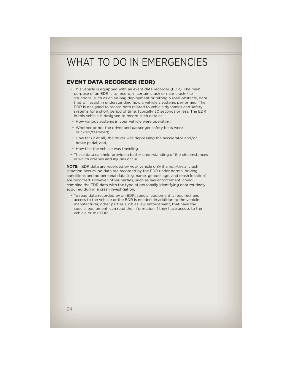 Event data recorder (edr), What to do in emergencies | Jeep 2012 Liberty - User Guide User Manual | Page 96 / 124