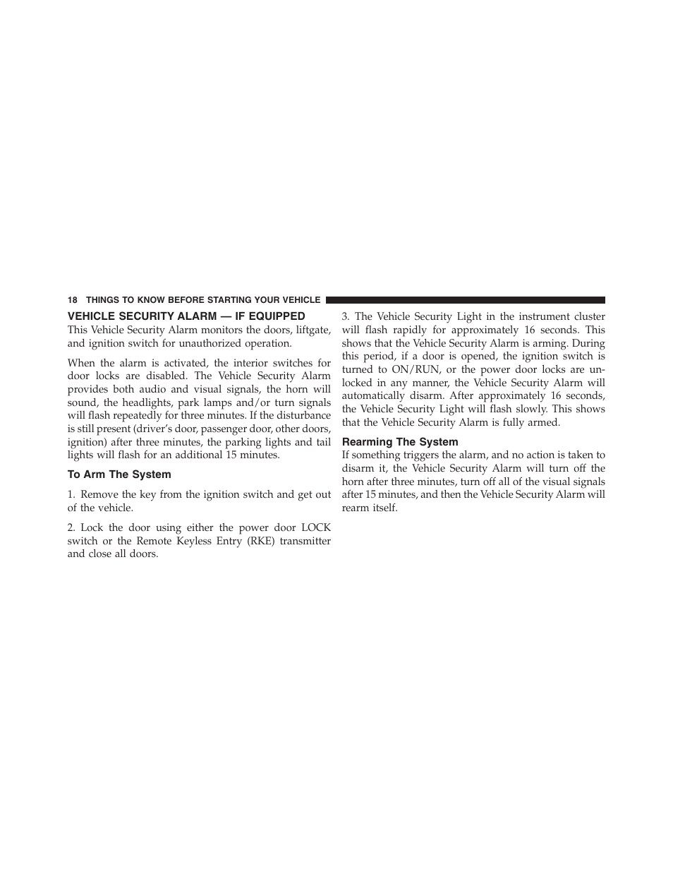 Vehicle security alarm — if equipped, To arm the system, Rearming the system | Jeep 2012 Patriot - Owner Manual User Manual | Page 20 / 505