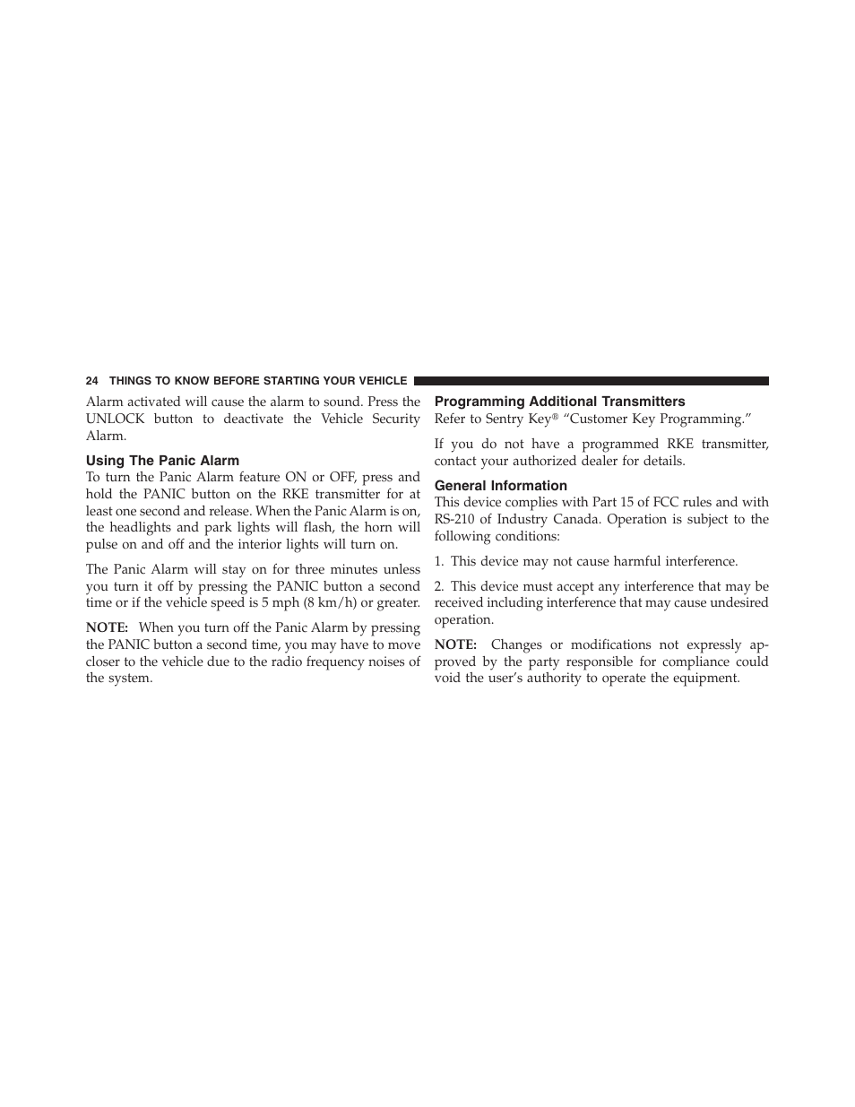 Using the panic alarm, Programming additional transmitters, General information | Jeep 2012 Patriot - Owner Manual User Manual | Page 26 / 505