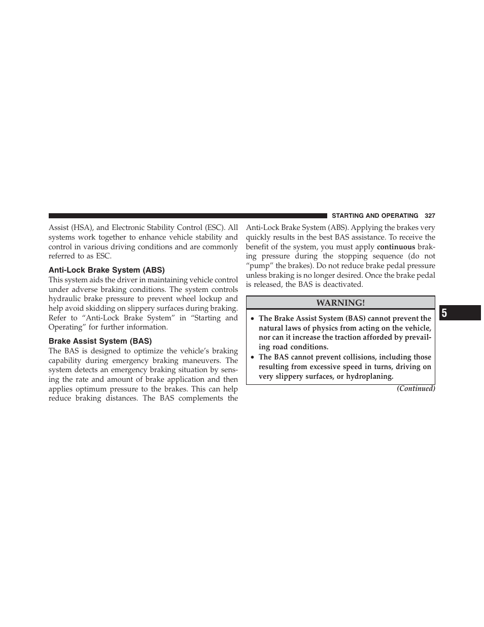 Anti-lock brake system (abs), Brake assist system (bas) | Jeep 2012 Patriot - Owner Manual User Manual | Page 329 / 505