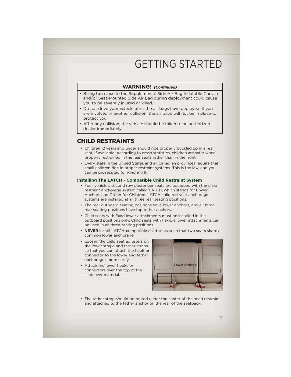 Child restraints, Getting started, Warning | Jeep 2012 Patriot - User Guide User Manual | Page 13 / 108