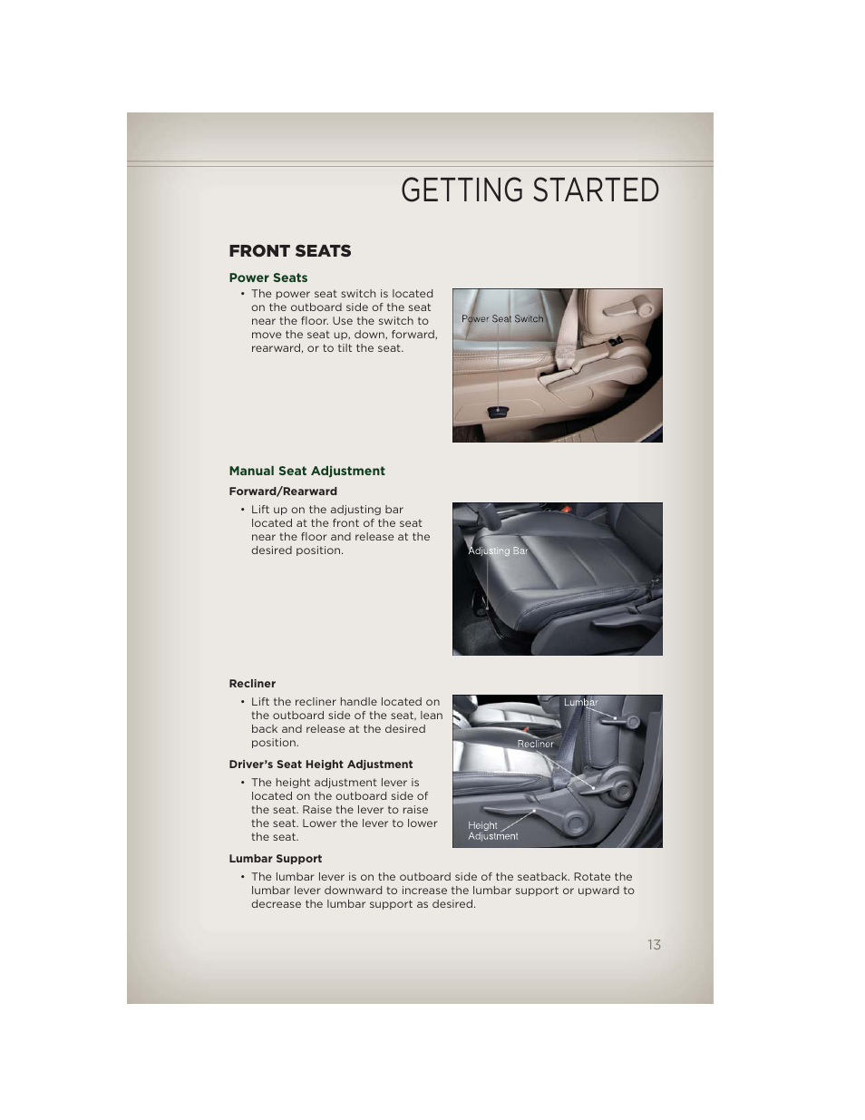 Front seats, Power seats, Manual seat adjustment | Getting started | Jeep 2012 Patriot - User Guide User Manual | Page 15 / 108