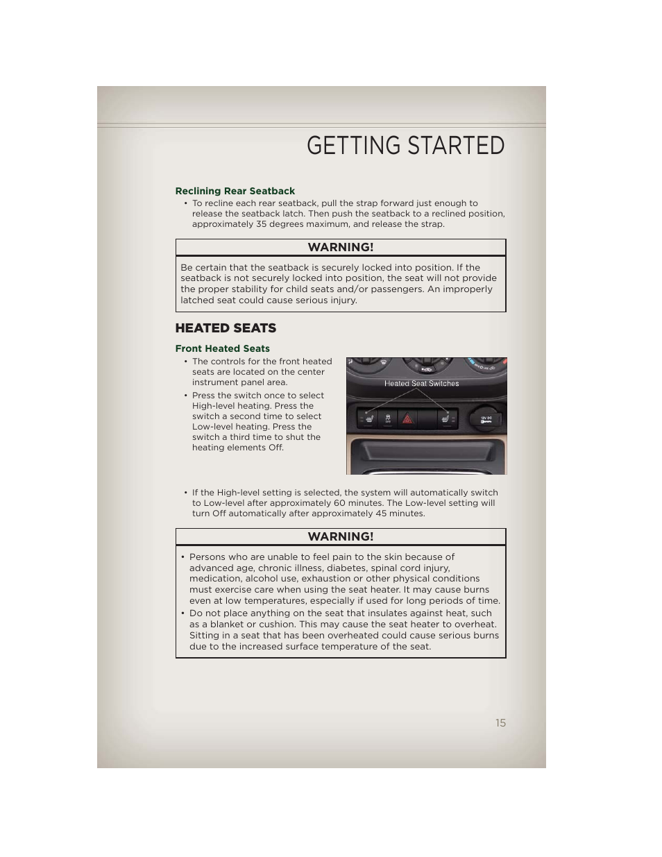 Reclining rear seatback, Heated seats, Front heated seats | Getting started | Jeep 2012 Patriot - User Guide User Manual | Page 17 / 108