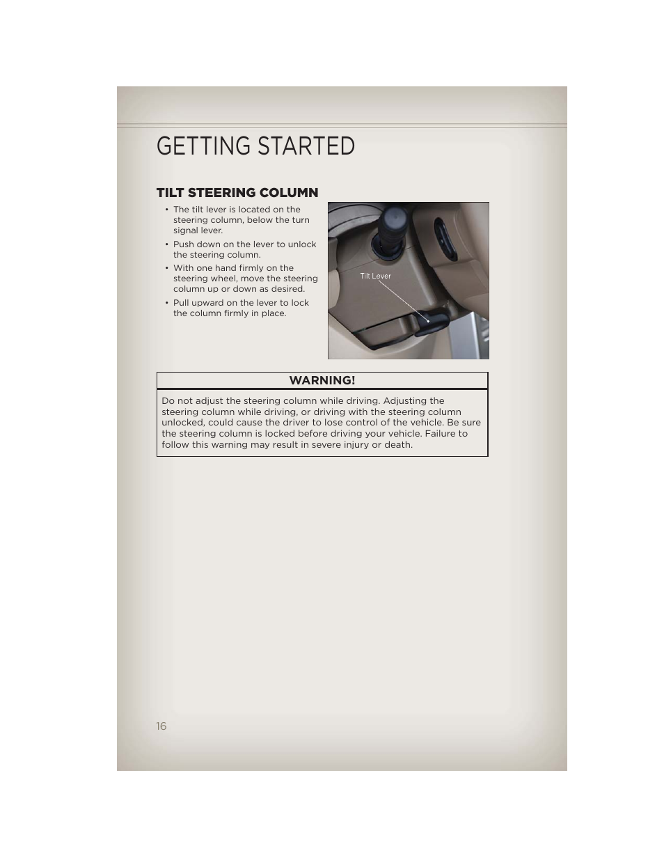 Tilt steering column, Getting started | Jeep 2012 Patriot - User Guide User Manual | Page 18 / 108