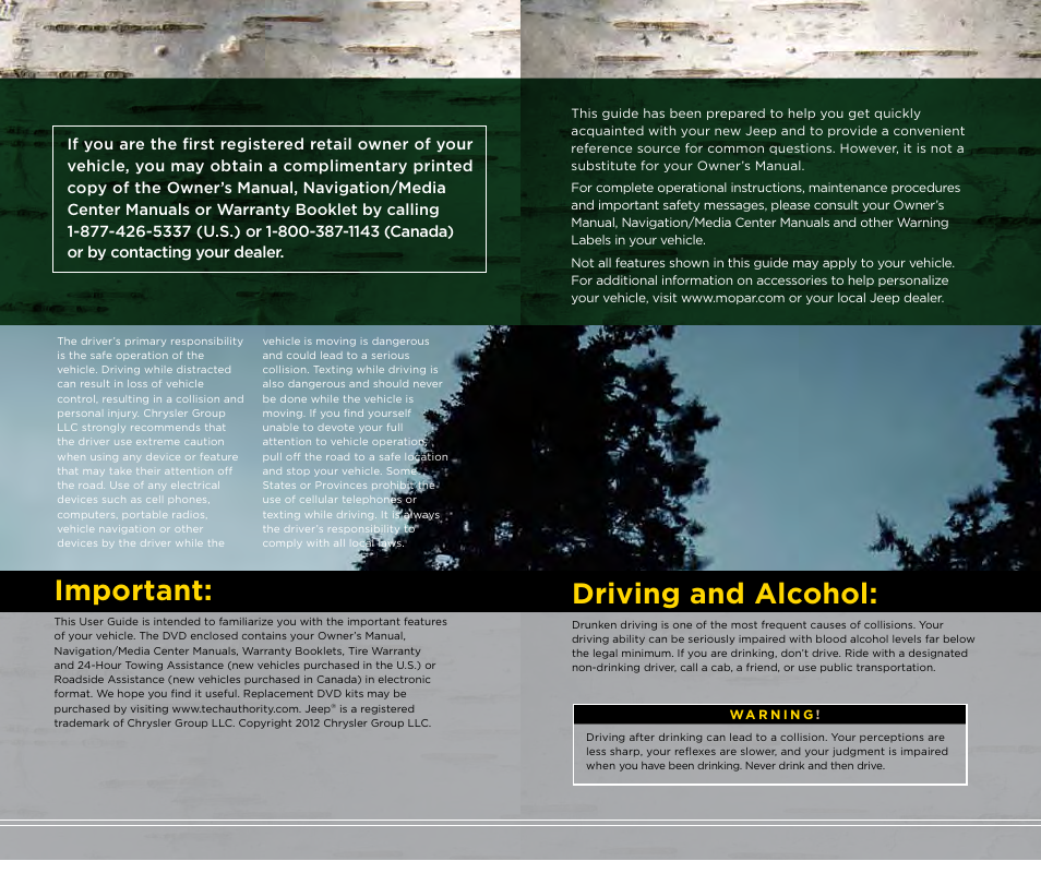 Important, Driving and alcohol | Jeep 2012 Patriot - User Guide User Manual | Page 2 / 108