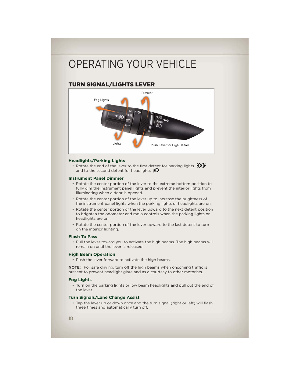 Turn signal/lights lever, Headlights/parking lights, Instrument panel dimmer | Flash to pass, High beam operation, Fog lights, Turn signals/lane change assist, Operating your vehicle | Jeep 2012 Patriot - User Guide User Manual | Page 20 / 108