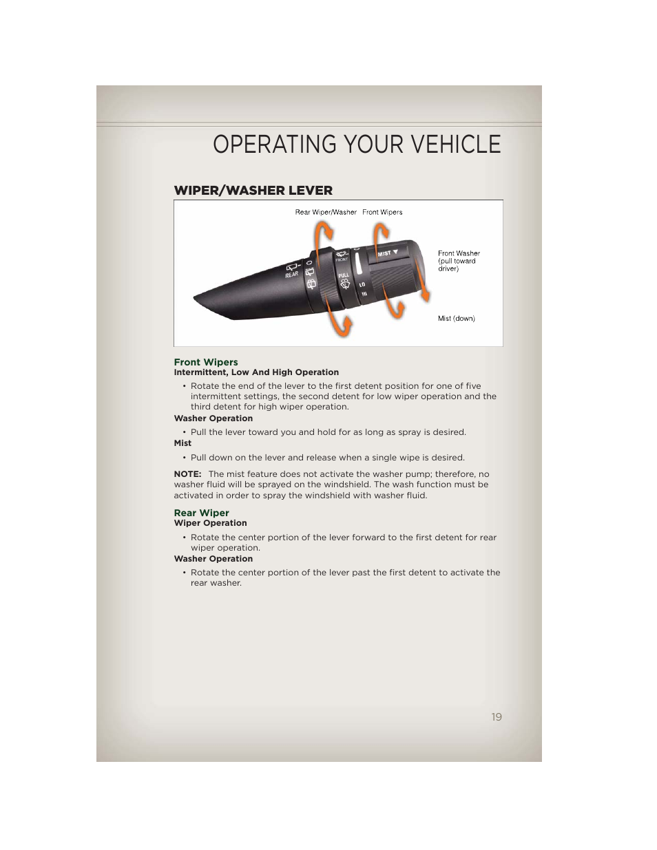 Wiper/washer lever, Front wipers, Rear wiper | Operating your vehicle | Jeep 2012 Patriot - User Guide User Manual | Page 21 / 108