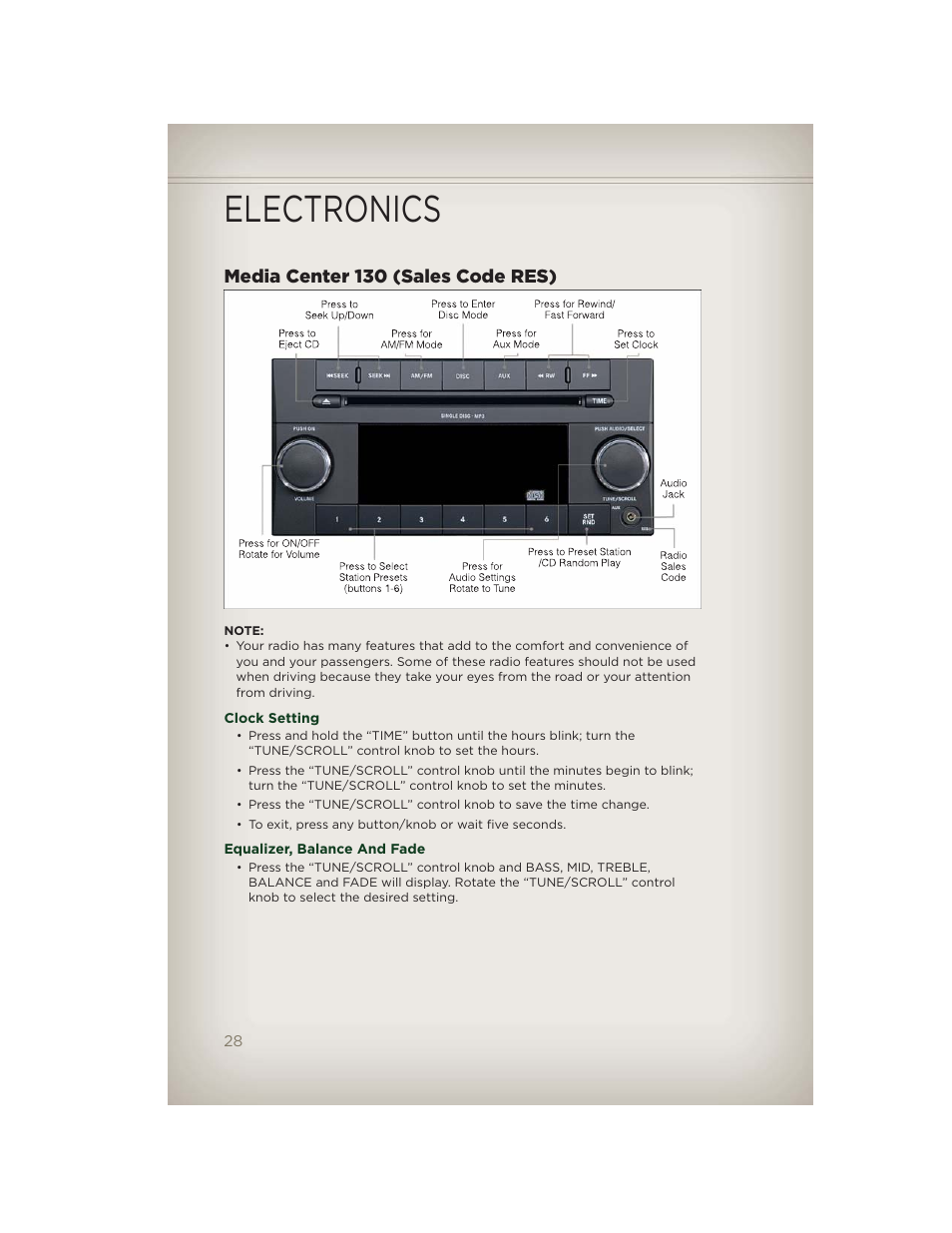 Media center 130 (sales code res), Clock setting, Equalizer, balance and fade | Electronics | Jeep 2012 Patriot - User Guide User Manual | Page 30 / 108