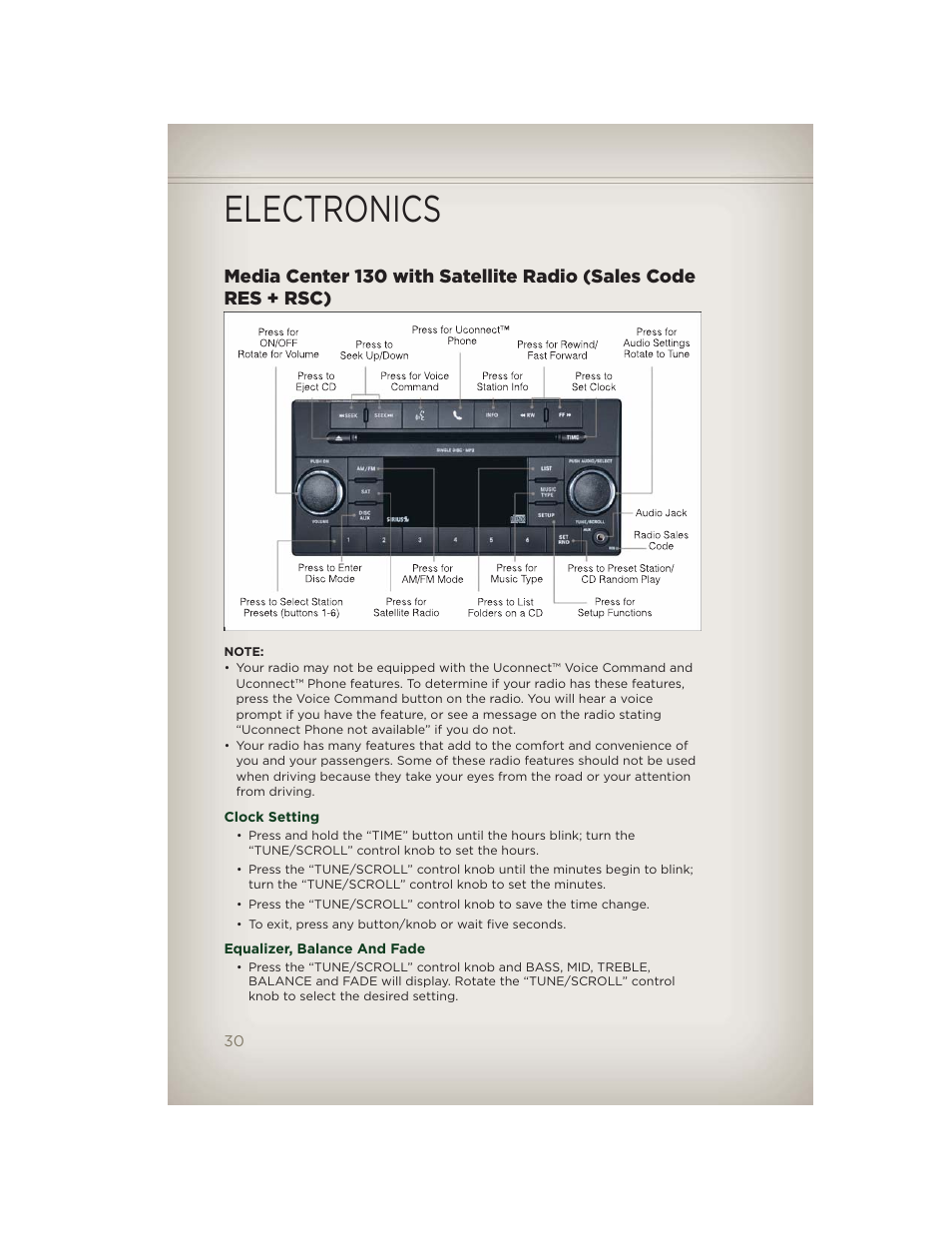 Clock setting, Equalizer, balance and fade, Electronics | Jeep 2012 Patriot - User Guide User Manual | Page 32 / 108