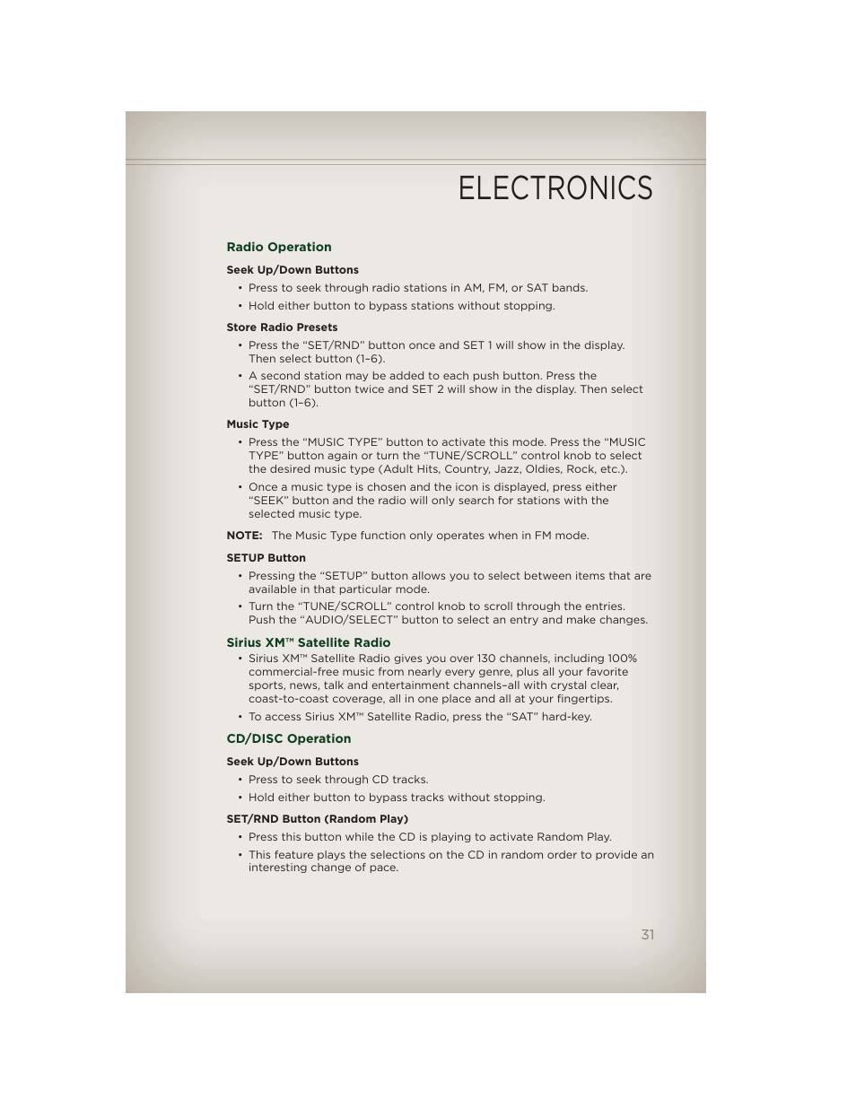 Radio operation, Sirius xm™ satellite radio, Cd/disc operation | Electronics | Jeep 2012 Patriot - User Guide User Manual | Page 33 / 108