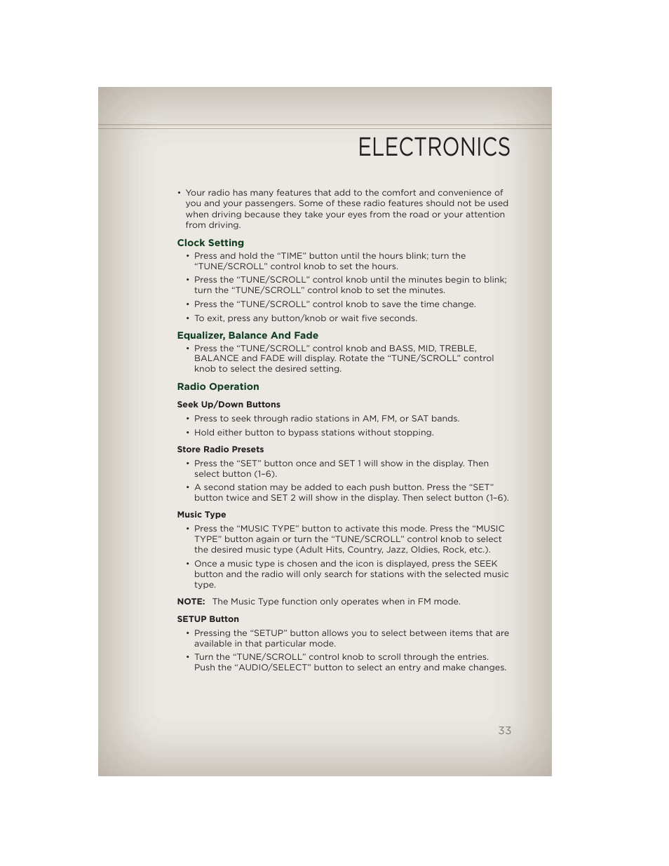 Clock setting, Equalizer, balance and fade, Radio operation | Electronics | Jeep 2012 Patriot - User Guide User Manual | Page 35 / 108