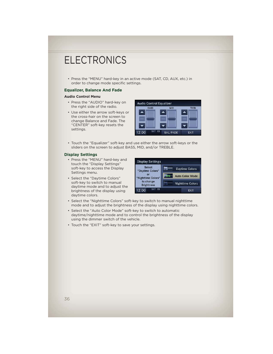 Equalizer, balance and fade, Display settings, Electronics | Jeep 2012 Patriot - User Guide User Manual | Page 38 / 108