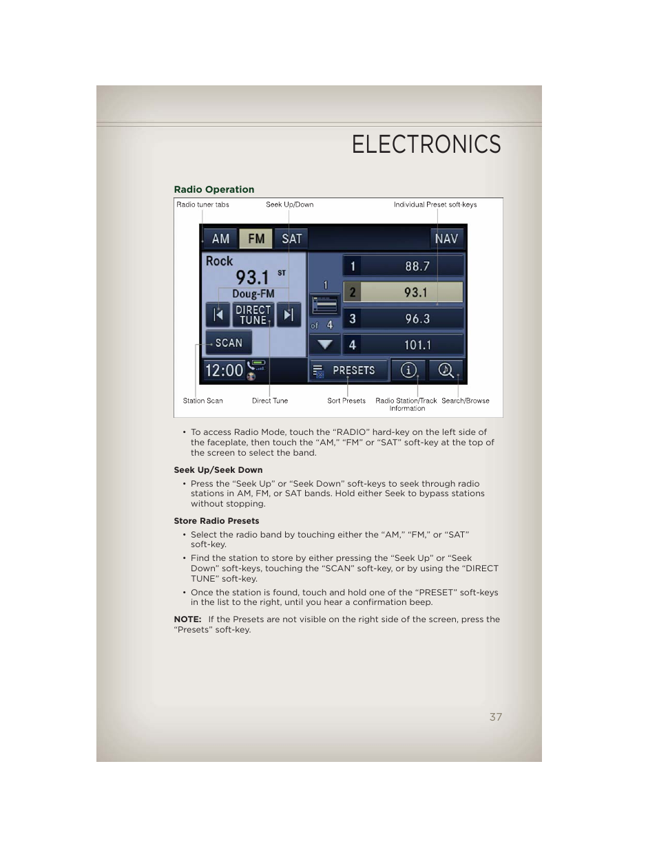 Radio operation, Electronics | Jeep 2012 Patriot - User Guide User Manual | Page 39 / 108