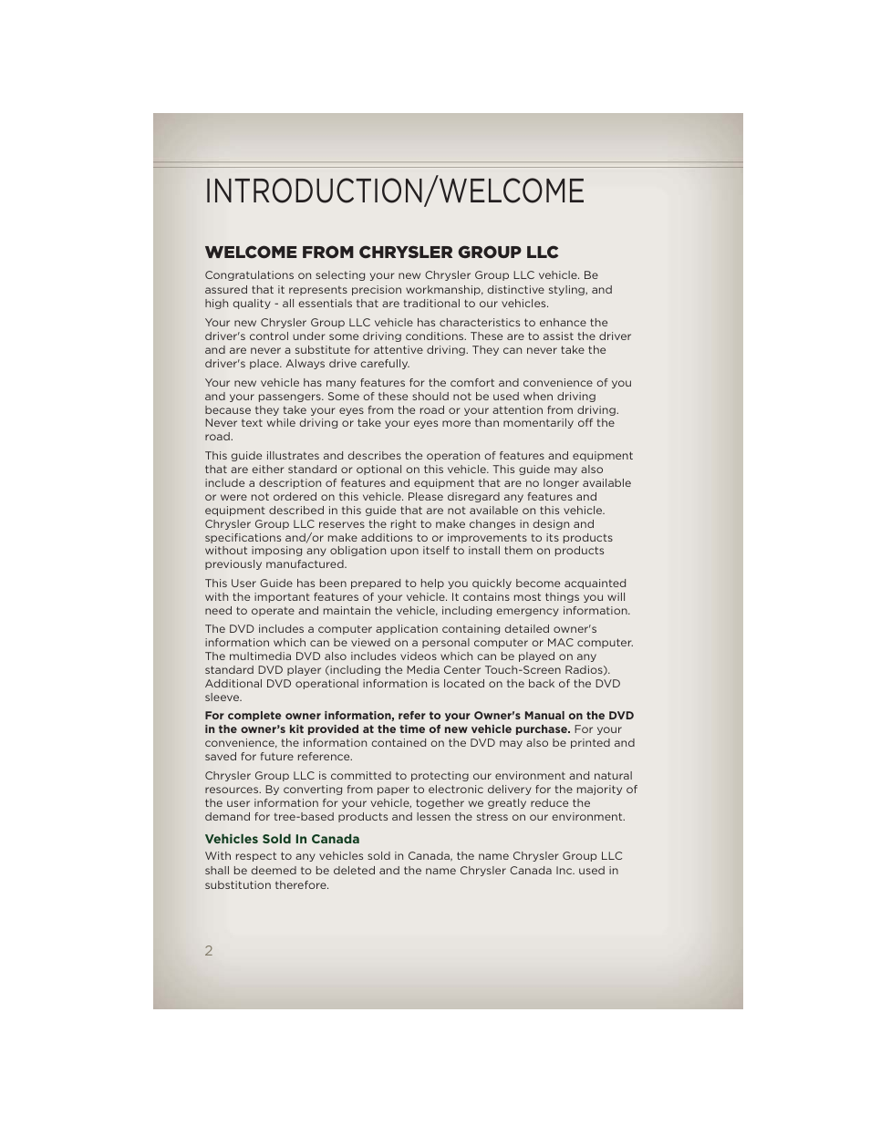 Introduction/welcome, Welcome from chrysler group llc, Vehicles sold in canada | Jeep 2012 Patriot - User Guide User Manual | Page 4 / 108