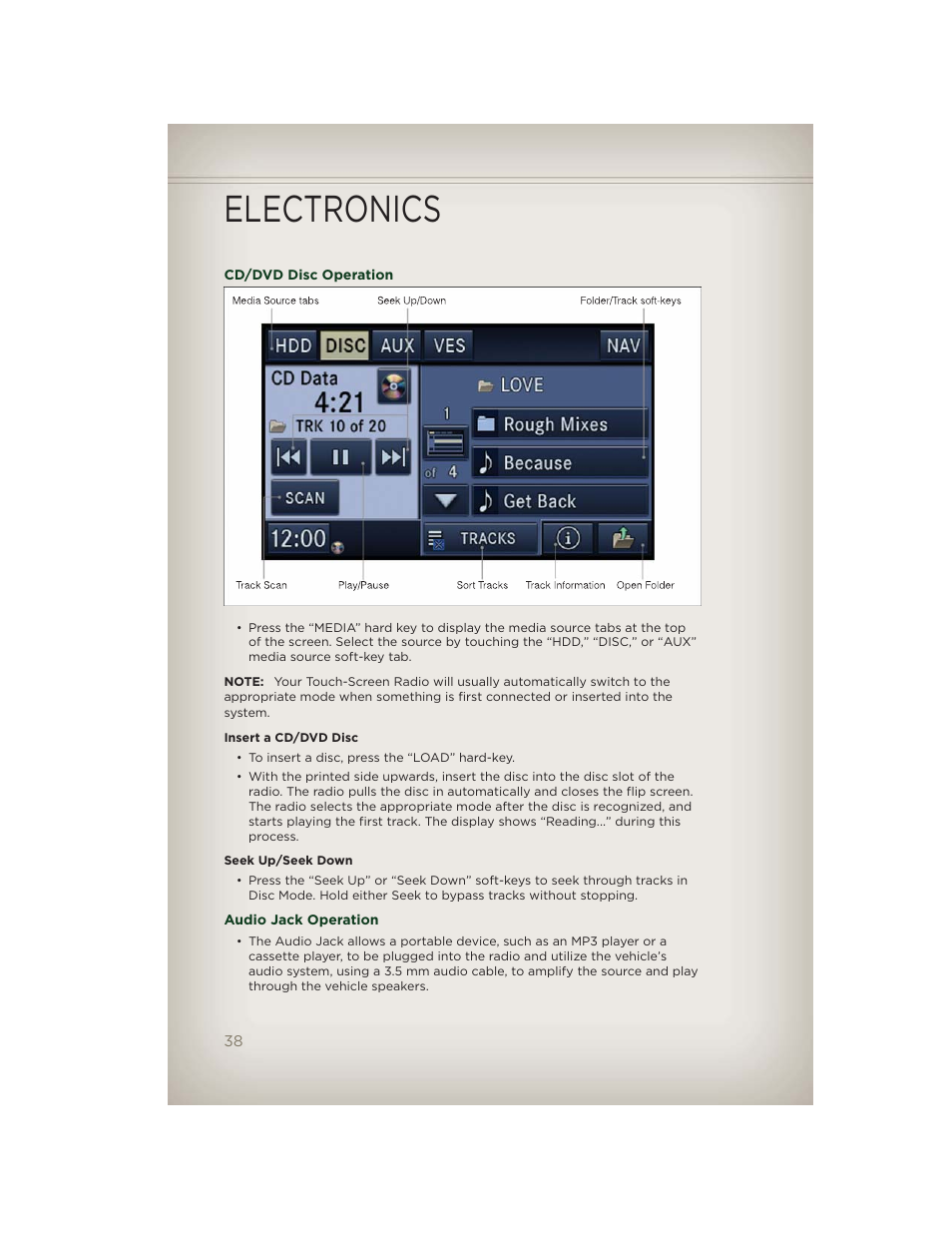 Cd/dvd disc operation, Audio jack operation, Electronics | Jeep 2012 Patriot - User Guide User Manual | Page 40 / 108